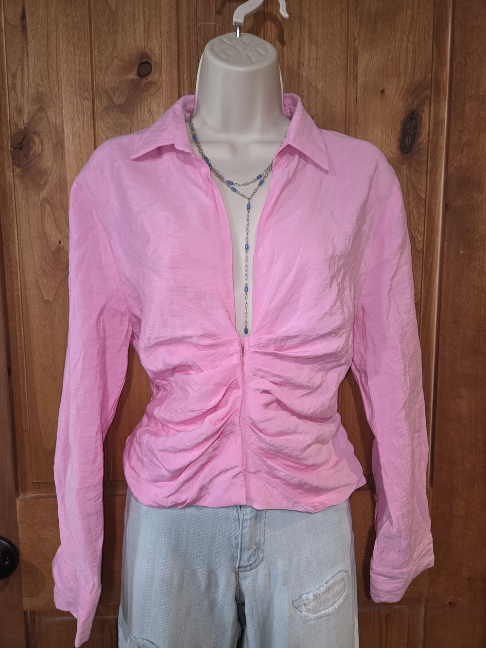 Zara Pink Ruched Front Button-Down Blouse